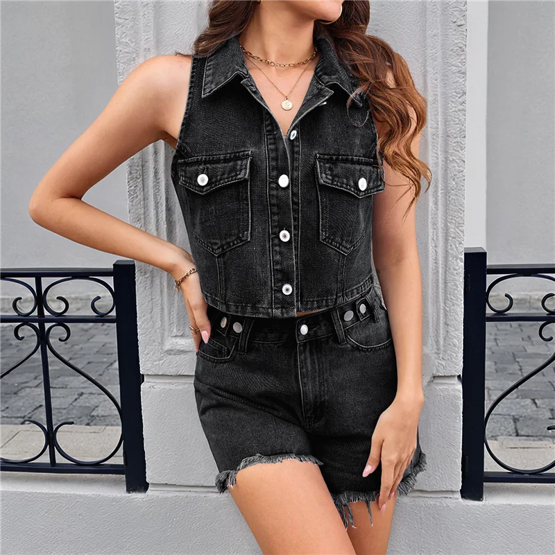 

Women's Business Casual Outfits 2 Piece Denim Set Sleeveless Blazer-Vest & Short Set Jeans Two Piece Outfits