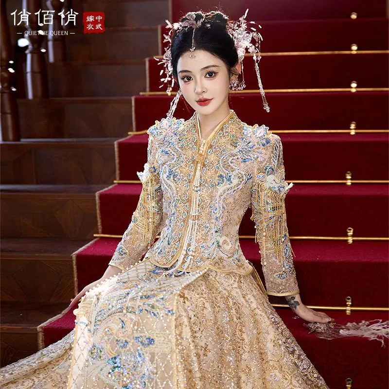 Heavy industry Chinese-style atmosphere wedding dress bride's gown phoenix crown and red cape