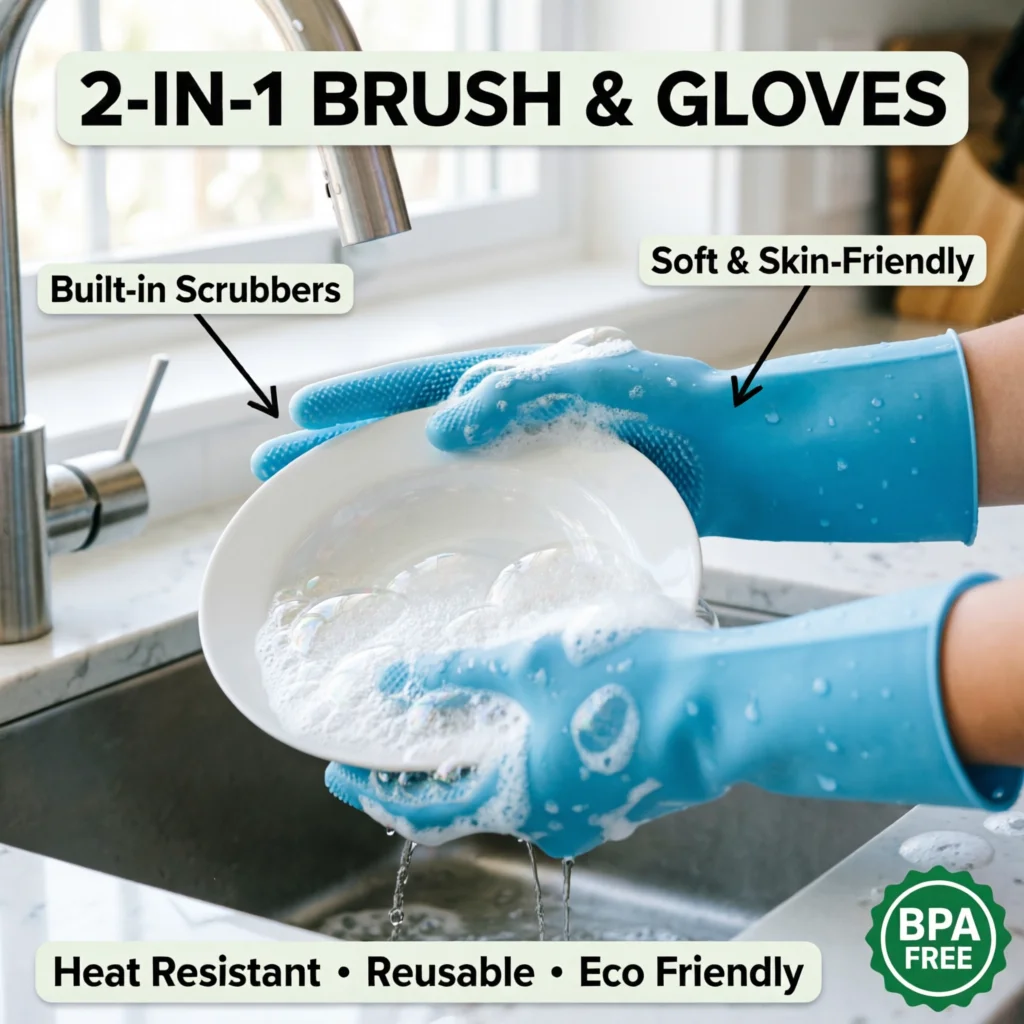 

Magic Silicone Dishwashing Gloves - Reusable Scrubbing Cleaning Gloves with Brush Bristles | Heat Resistant | Protects Hands