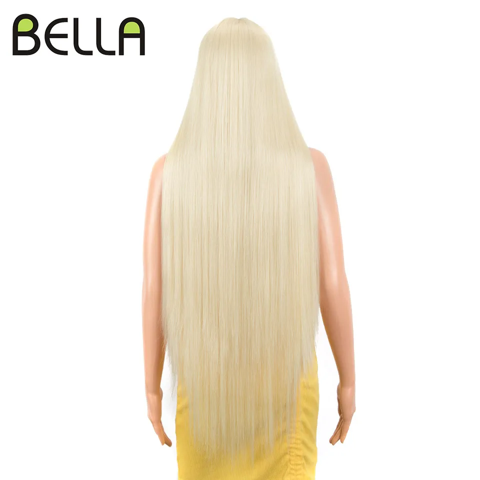 Bella 38 inch Straight Hair Synthetic Lace Front Wigs For Women High Temperature Fiber Ombre Blonde Brown Highlight Cosplay Wig