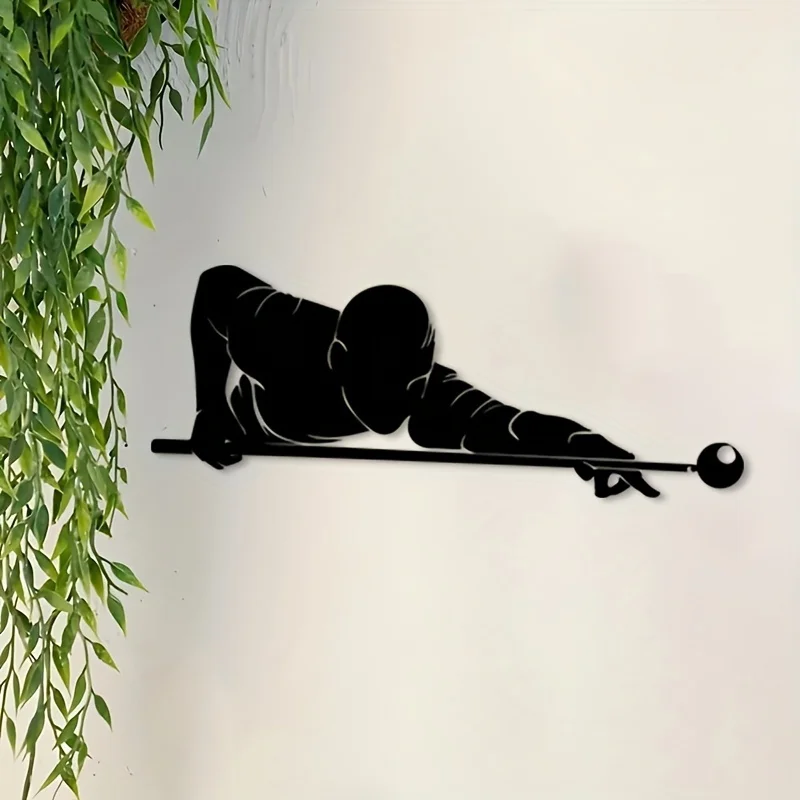Billiard Player Silhouette Metal Wall Art, Dynamic Shooting Cue Stick, Powder Coated Black White Modern Decor