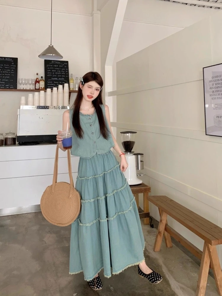 

2026 New Women's Summer Outfit Sleeveless Denim Jacket A Line Skirt Matching Set Fashion Casual Streetwear Two Piece