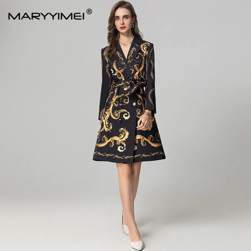 MARYYIMEI Women's Elegant Streetwear New Style Coat Long-Sleeved Notched Double-breasted Lace-Up Print Autumn/winter Overcoat