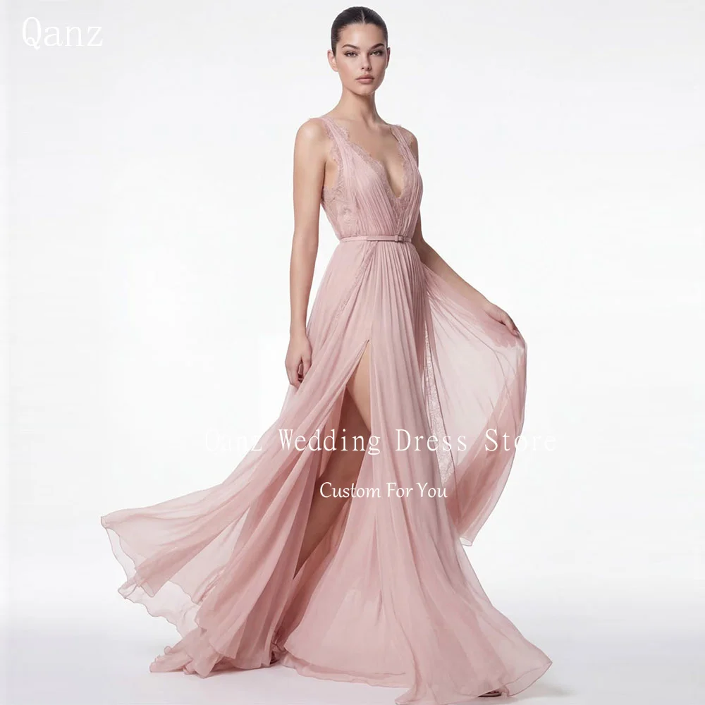 Qanz Sexy V Neck Evening Dress Spaghetti Straps High Leg Slit Chiffon Vestidos De Fiesta elegantes 2026 Prom Gowns Customized