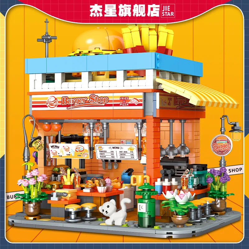 Bloques de construcción de tienda de hamburguesas creativas Street View, conjunto de montaje Modular MOC, modelo de decoración de escritorio, juguetes creativos, regalos para niños
