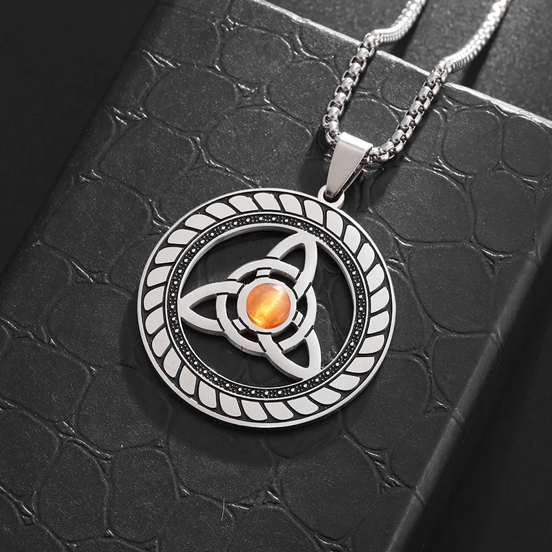 Classic Irish Celtic Trinity Stainless Steel Pendant Necklace for Men Women Wicca Witch Knot Lucky Power Stone Amulet Jewelry