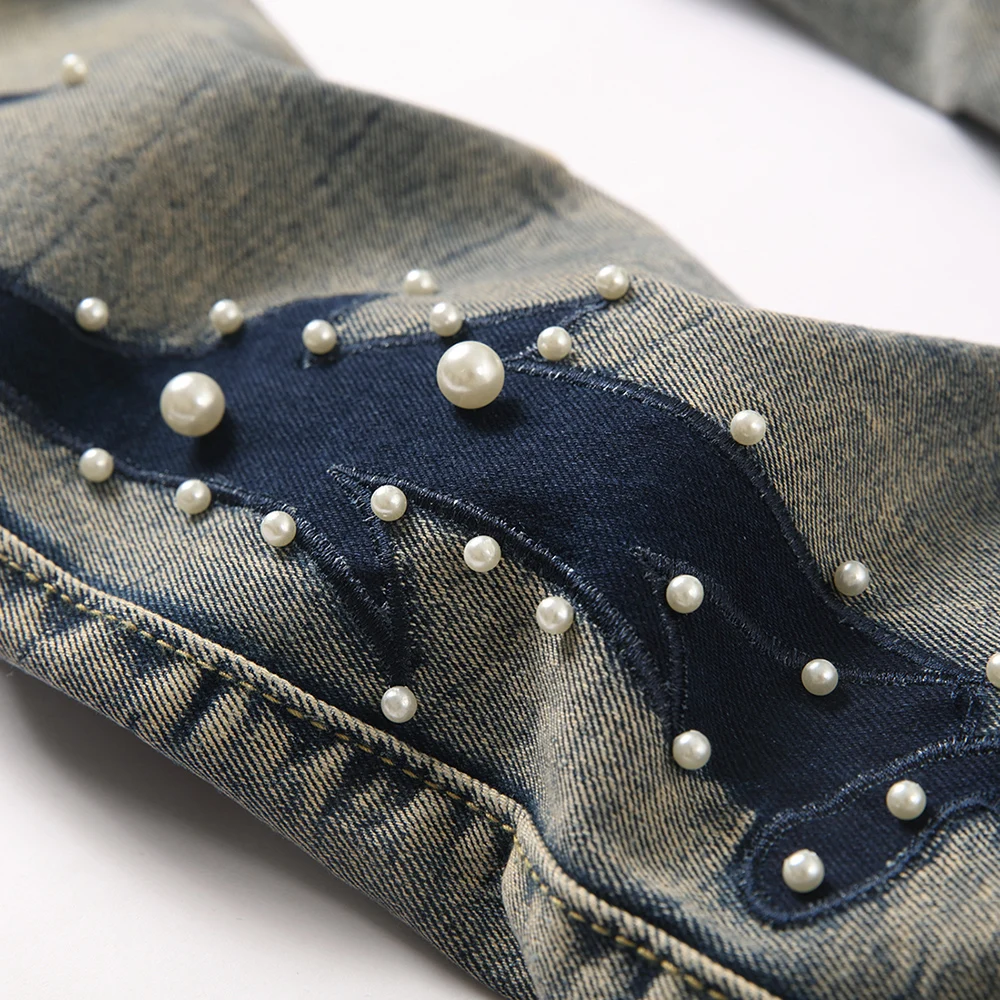 メンズパールブーツカットデニムジーンズ刺繍パッチスリムフレアパンツカジュアルストリートウェアヴィンテージブルートラウザーズ
