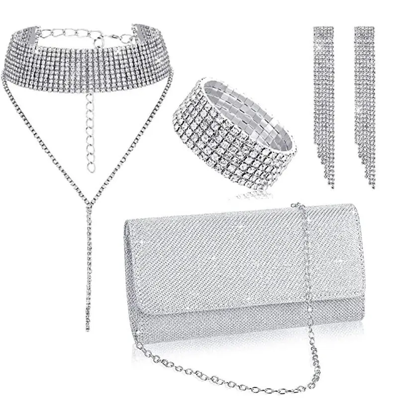 

New Fashion Banquet Bag Jewelry Four Piece Set European American Full Diamond Tassel Bracelet Earrings Neck Chain Bag Handbags