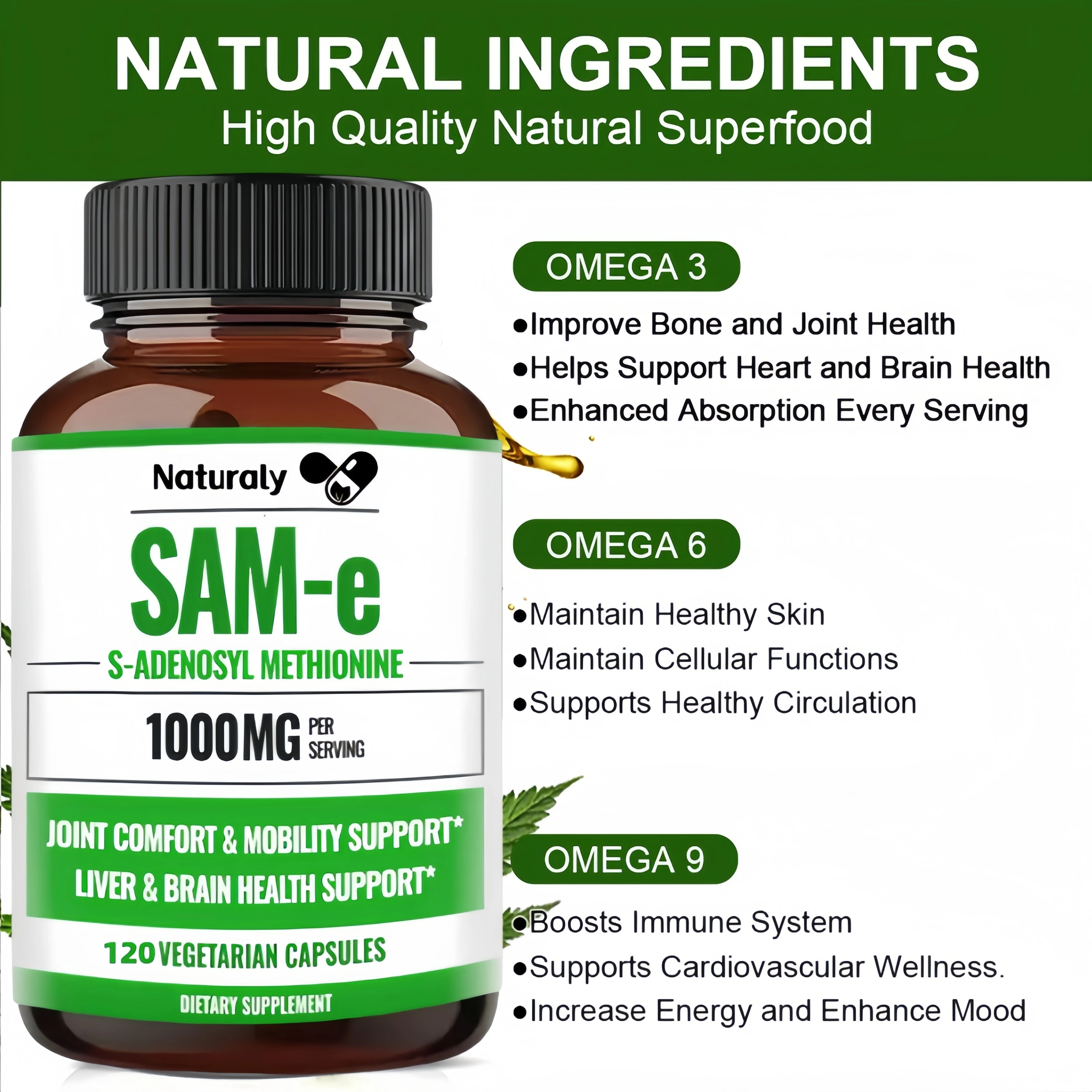 SAM-e Supplement 1000 Mg, Non-GMO, Gluten Free - Supports Mood Balance, Liver Health and Joint Comfort, Flexibility and Mobility