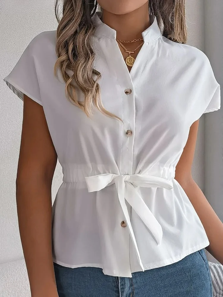 

Female Casual Short Sleeve Chiffon Shirt Women Single Breasted Top Summer Office Lady Drawstring Tops Clothes