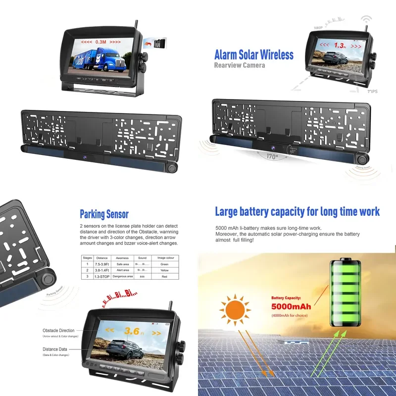 DIY 5S Installation 720P HD Rear View Back PDC Parking Sensor Cameras With 7 Inch Solar 2.4GHz Digital WIFI Wireless