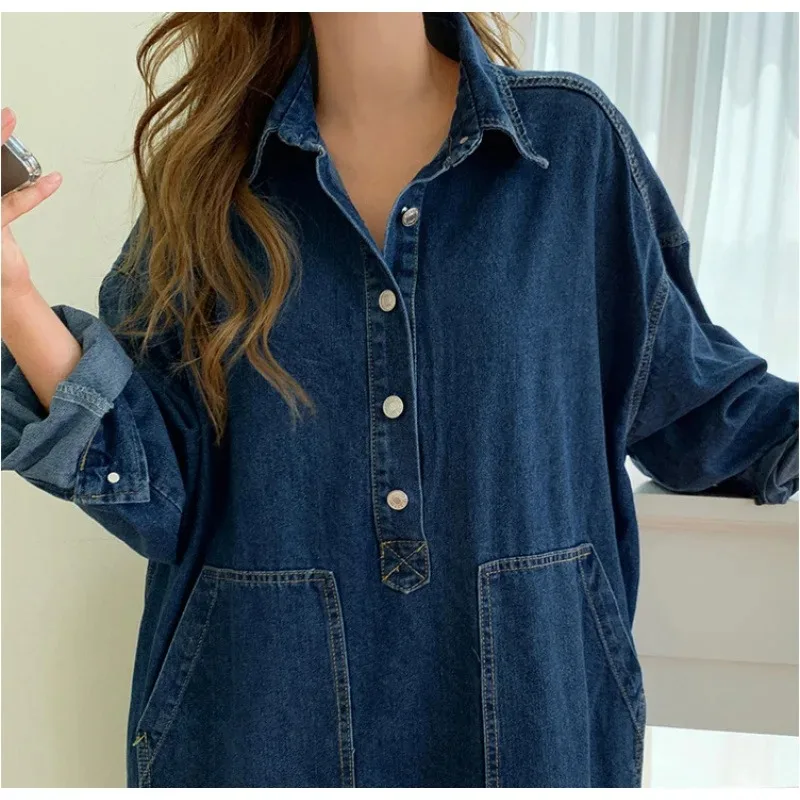 2025 Fashion Women's Autumn Long Sleeved Denim Shirt Dress Button Pocket Jeans Casual Loose Women's Street Wear Denim Robe Dress