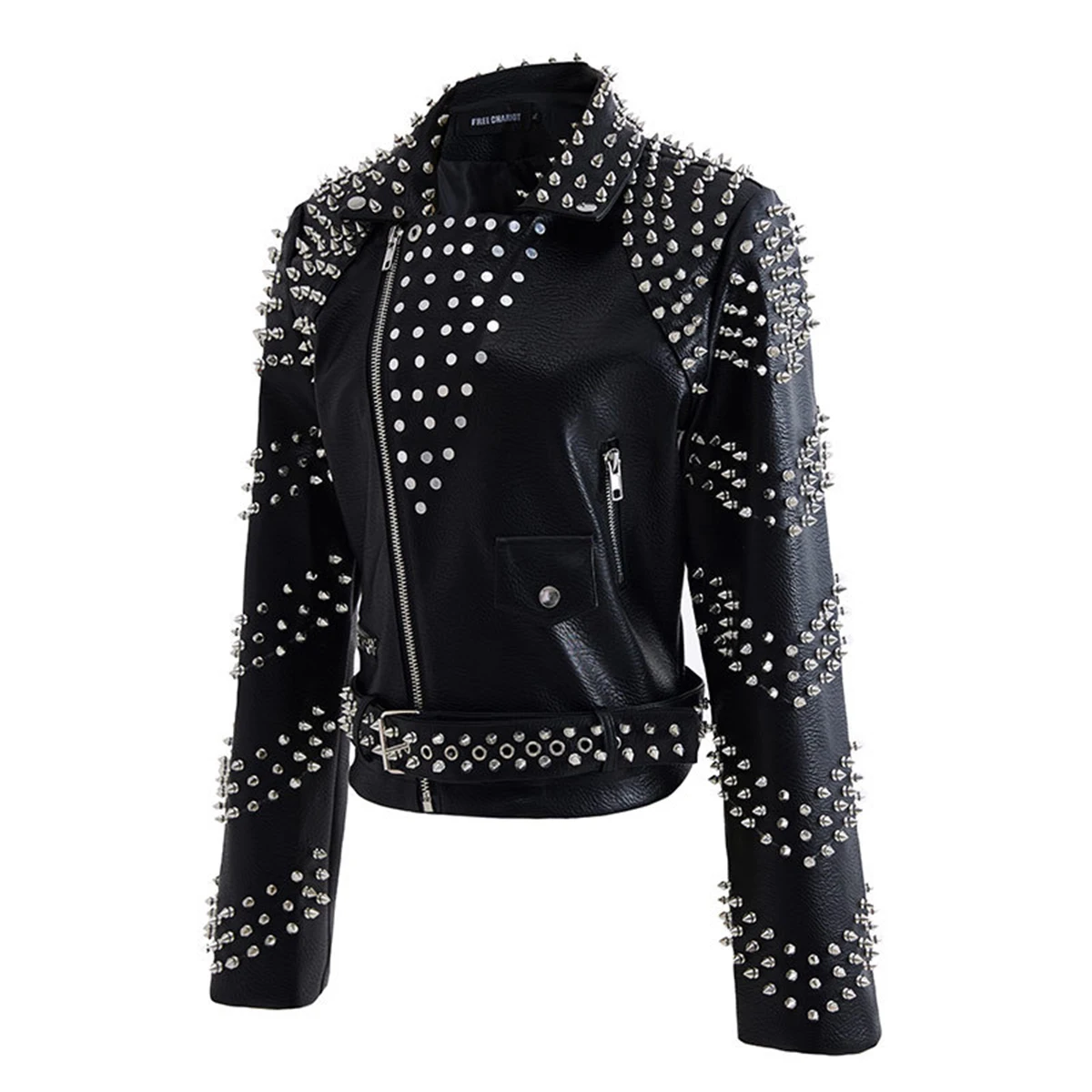 Women\'s Punk PU Rivet Jacket Studded Long Sleeves Faux Leather Streetwear Steampunk Motorcycle Biker Coat