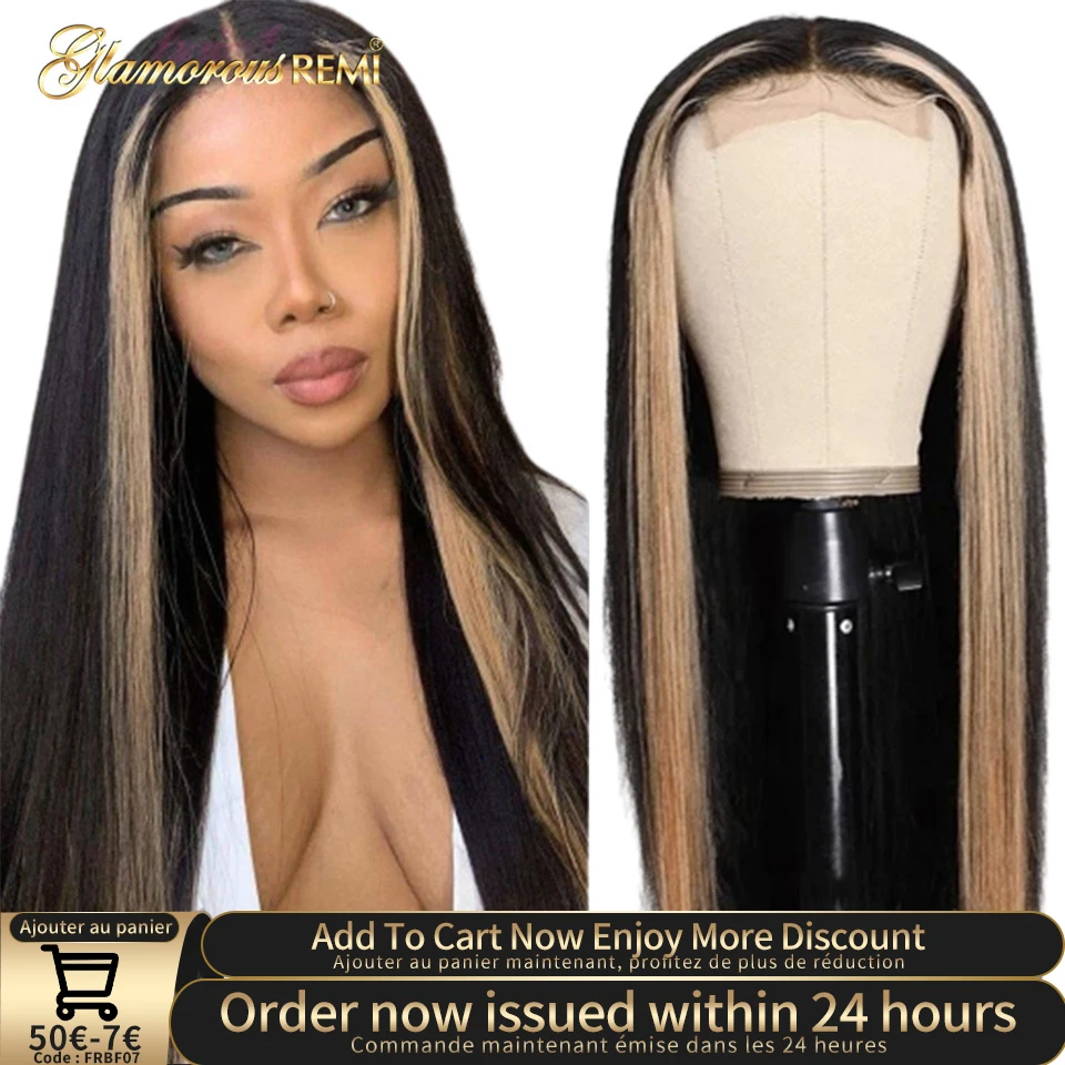 

Blonde Stripe Highlight Straight Lace Front Wig Preplucked HD Lace Brazilian Honey Blonde Straight Lace Wig For Women Density180