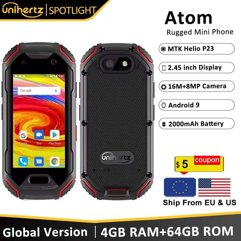 Unihertz ATOM Mini Rugged Smartphone 4GB 64GB Android 9 Octa Core 2.45 inch Unlocked Cellphone 2000mAh NFC