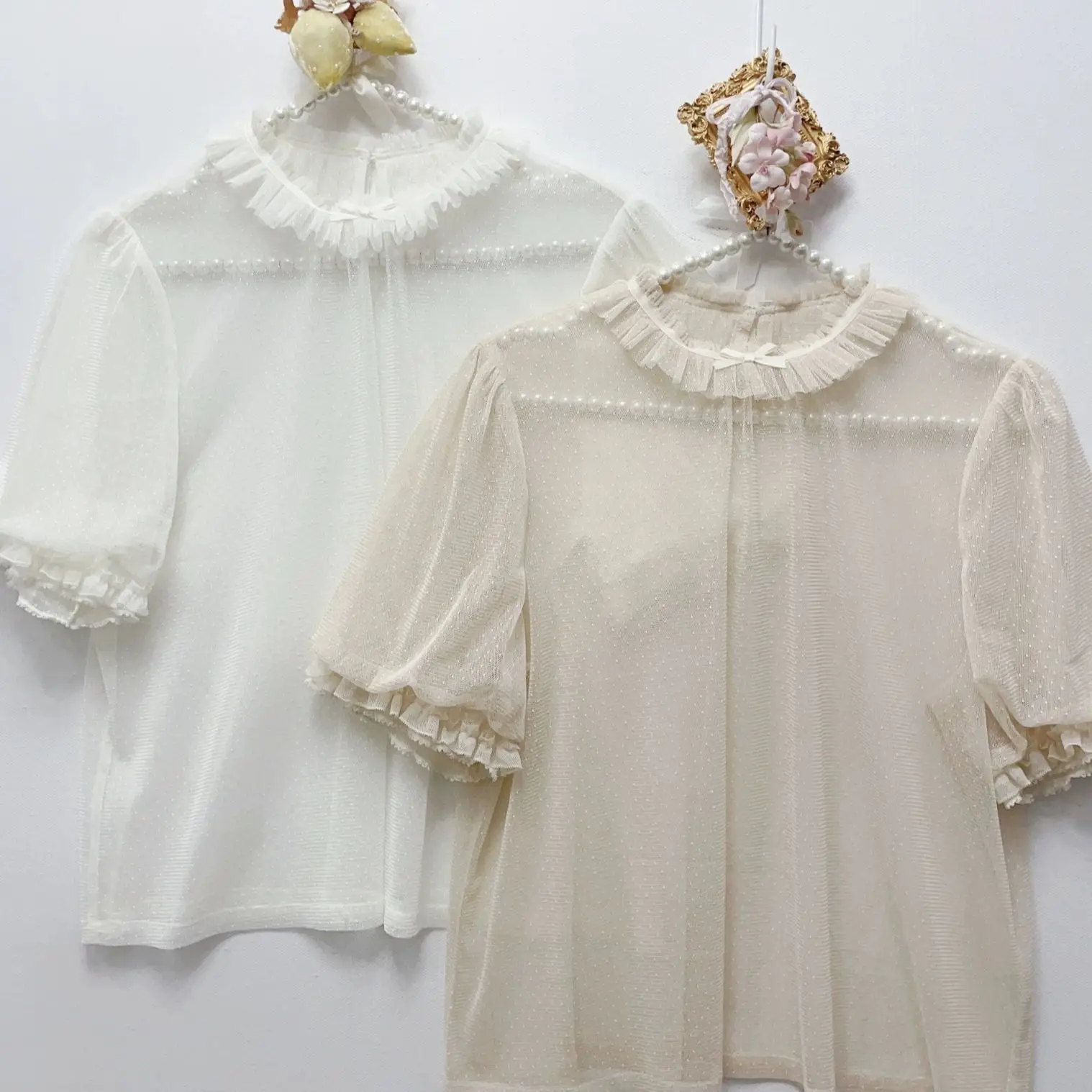 

Japanese Kawaii Lolita Blouses Women Sweet Bow Ruffles Short Sleeve Mesh Shirts Girls See Through Y2k Lolita Tops Blusas Mujer
