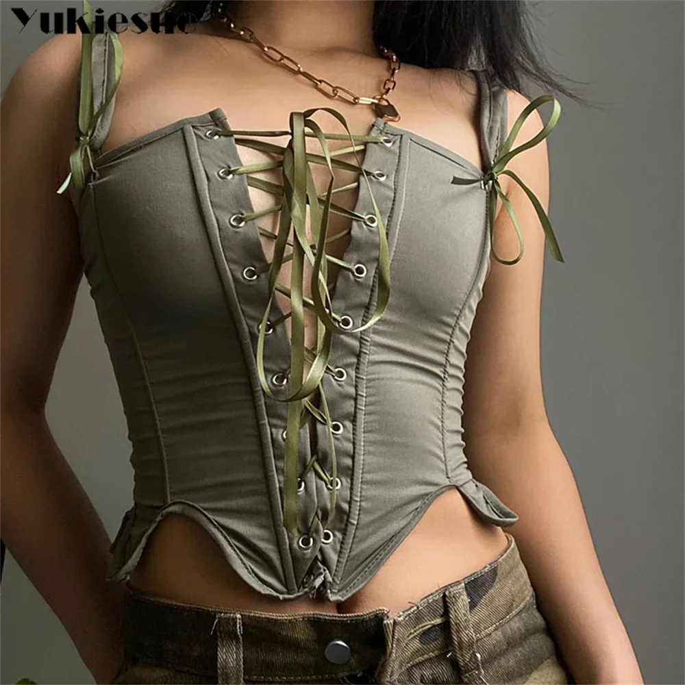 Summer Vintage Corset Bustier Y2K Crop Top Women Cut Out Sexy Lace Up Bandage Sleeveless Tank Tops Fairy Princess Vest Cosplay