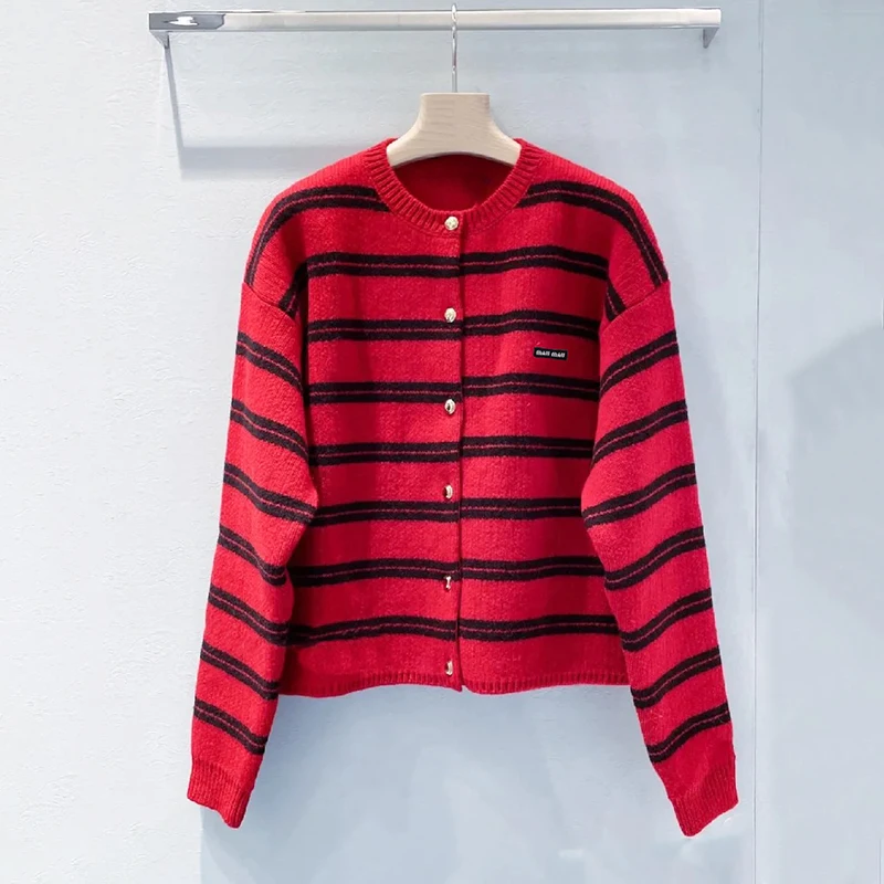 

Red Striped Knitwear Casual Faion round Ne Loose Fit Korean Sle Commute Wind Women's High-End Streetwear Spring Autumn