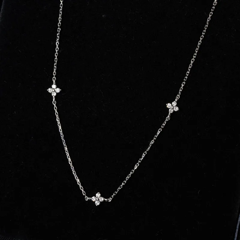 925 Sterling Silver Four Leaf Flower Pendant Necklace for Women Aesthetic Inlaid Zircon Drop Chain Choker Ladies Summer Jewelry