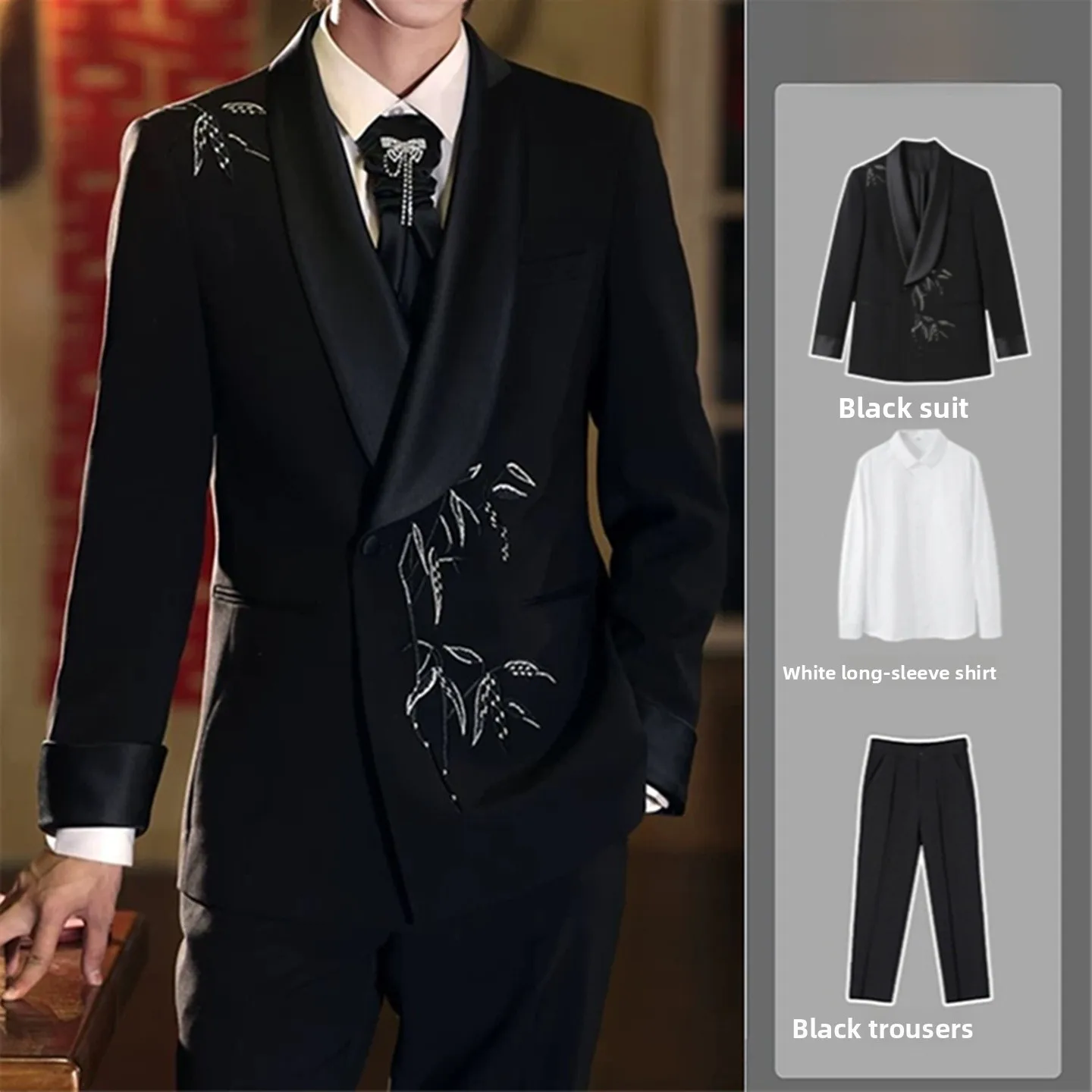 

New Chinese Sle Men's Suit Bla Qingguo Collar Embroidery Wedding omsmen Outfit Set Stand Fit Polyester Fiber Adult