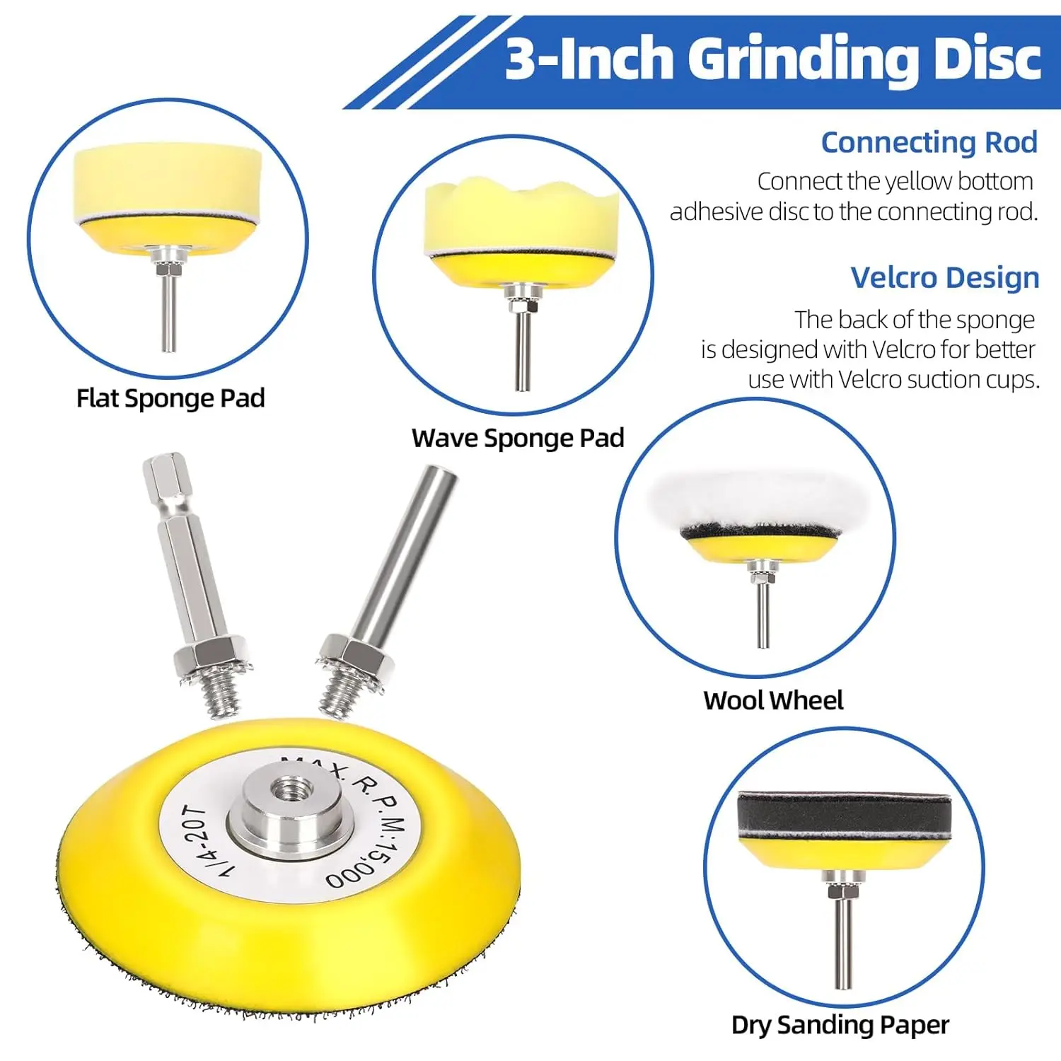 Kit di carta vetrata con anello a gancio da 3 pollici 109 pezzi 80-5000 grana assortita con tampone di supporto con gambo da 1/4 "tampone di lucidatura per levigatura e lucidatura