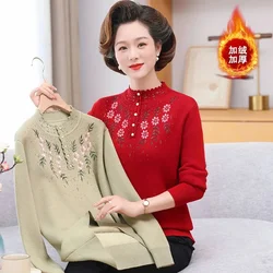Autumn Winter Women Sweater Pullover New Embroidered Velvet Warm Long Sleeved Knitted Sweater Jumper Middle Aged Female Tops 4XL
