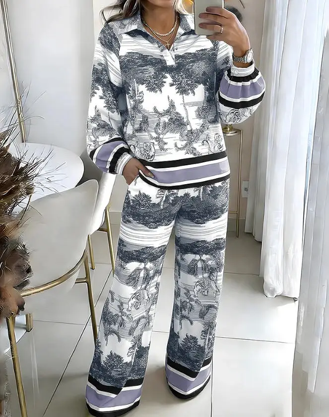 

Two Piece Set Women Outfit 2026 Spring New Tropical Tiger Print Long Sleeve V-Neck Top & High Waisted Casual Wide Leg Pants Set