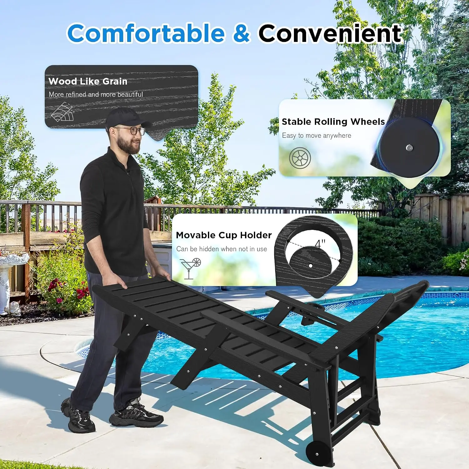 5-Position Adjustable Chaise Lounge with Wheels, HDPE Outdoor Patio Poolside Beach Chair, 400LBS Capacity, Customized