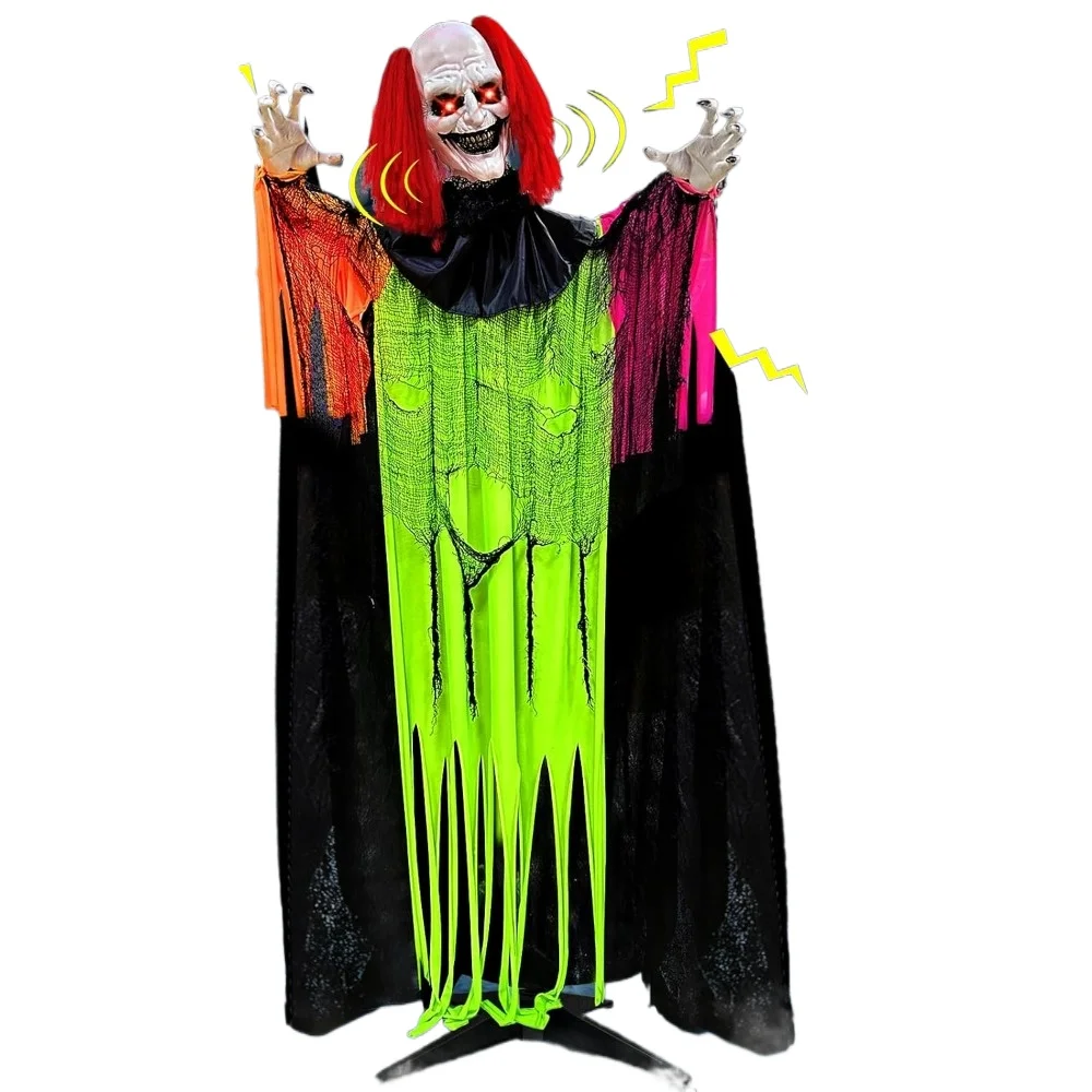 

72 Inch Animatronic Clown Ghost, Standing Talking Clown with Red Eyes&Scary Laughter, Halloween Haunted House Props