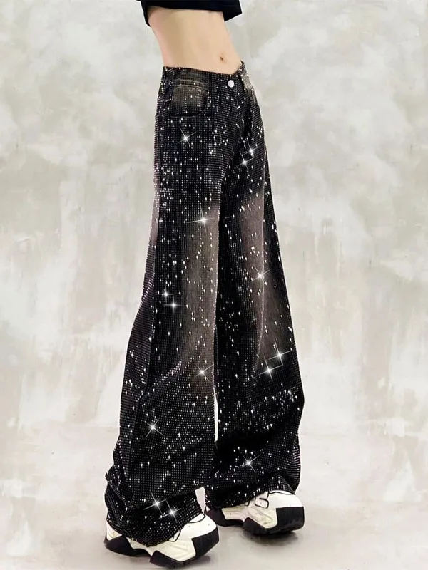 

Casual High Waist Loose Fit Straight Leg Jeans Women's New Sle Sparkling Rhinestone Color Blo Wide Leg Pants