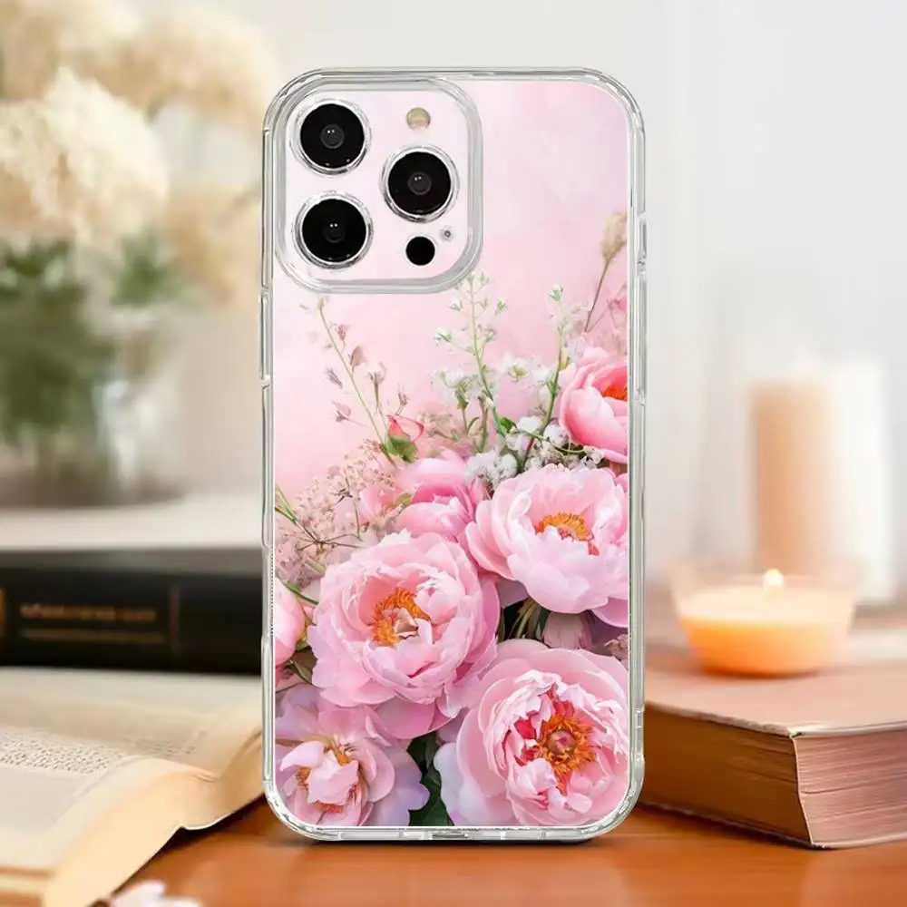 

Pink Flower Tulip Peony Phone Case For iPhone17,16,15,14,13,12,11 Plus,Pro Max Soft Transparent Cover