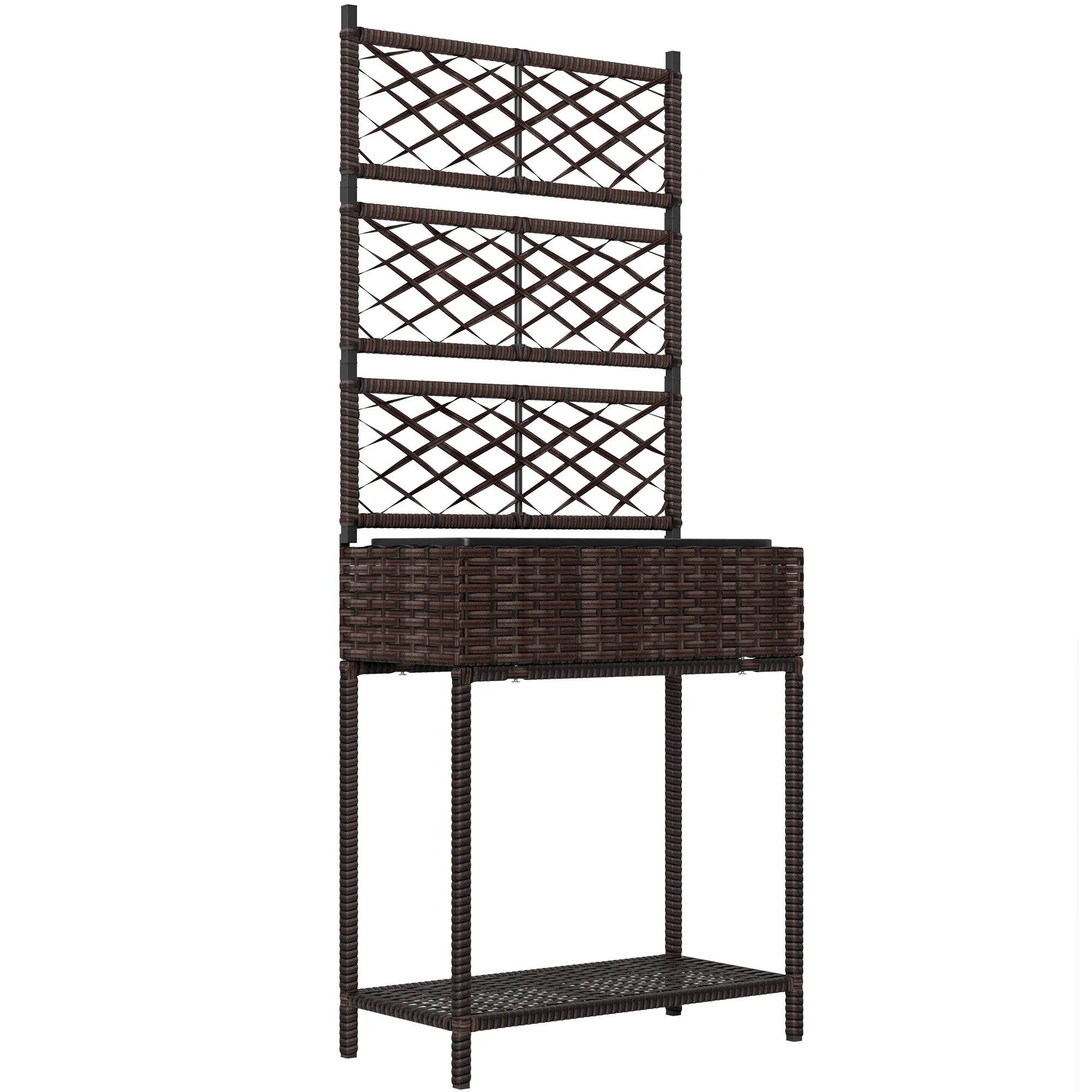 Rattan Raised Planter Box with Trellis and Storage Shelf, Brown