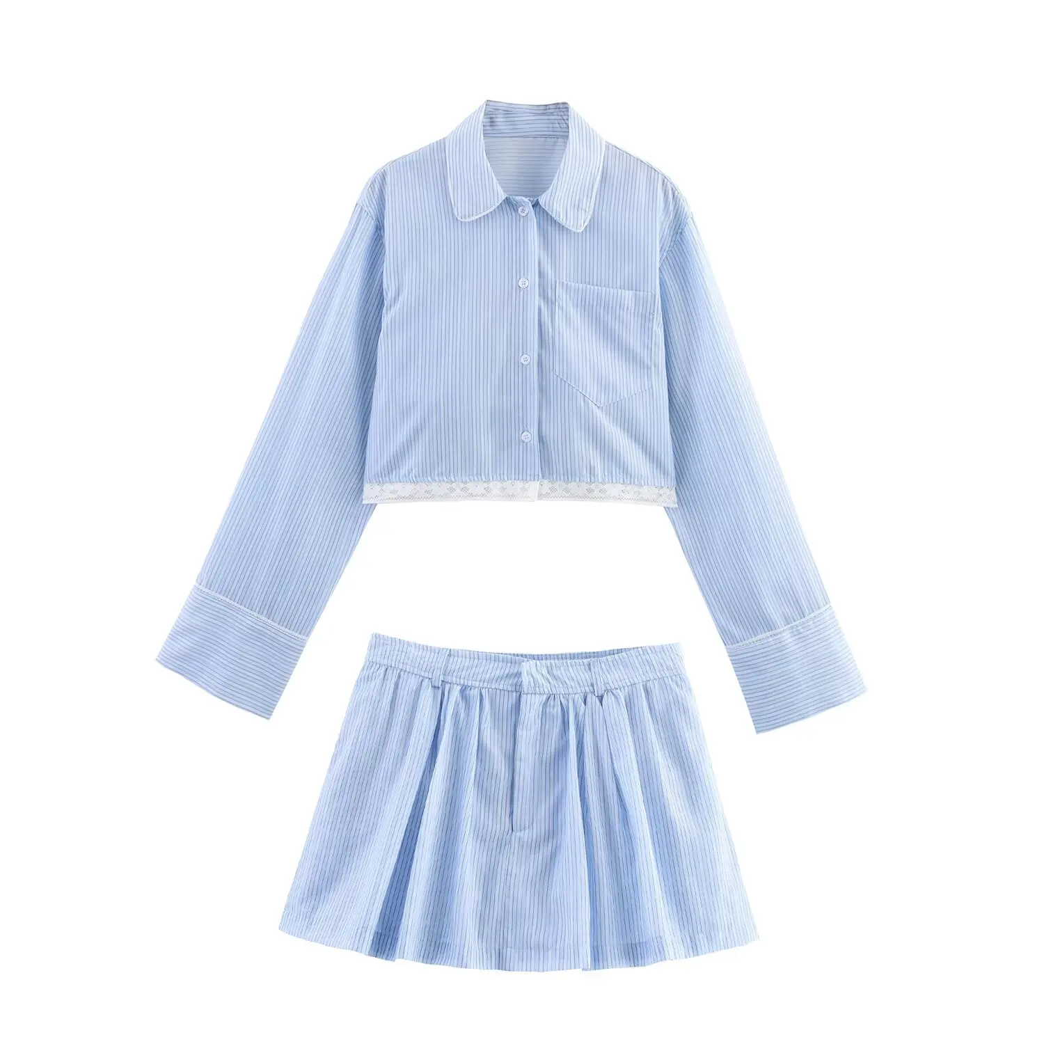 

UNIZERA Temperament Lace Splicing Lapel Striped Short Shirt With Fluffy Striped Mid-waist Skirt Suit 2025 New Women