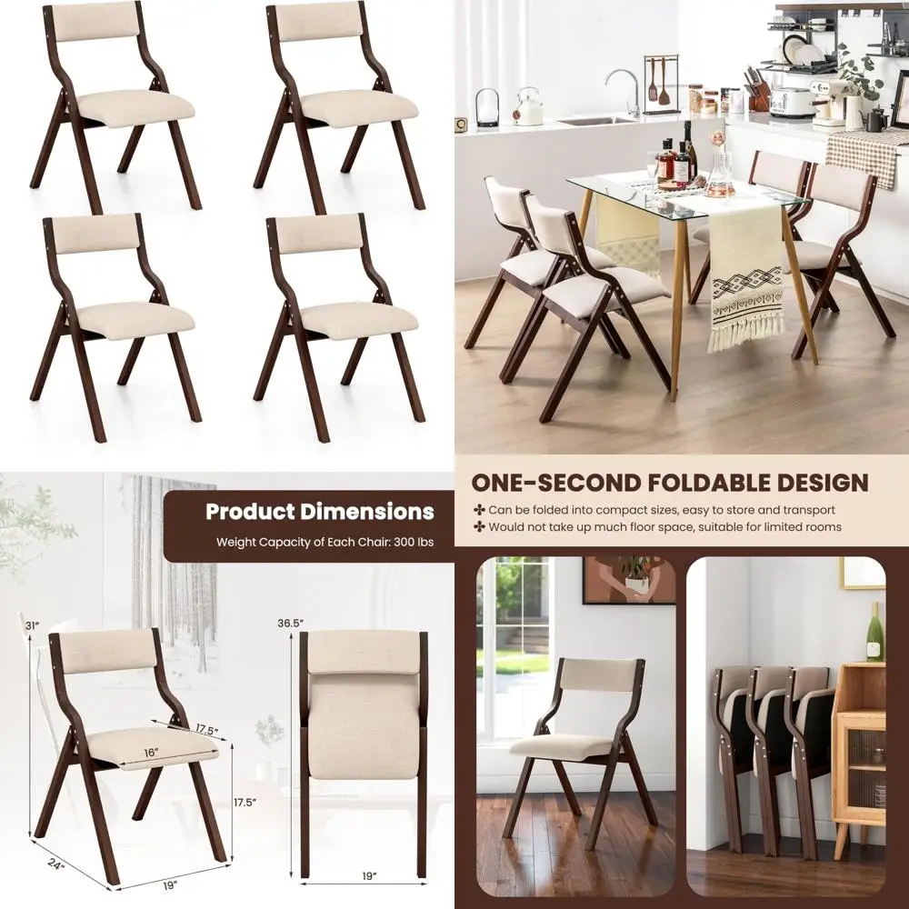 

Folding Dining Chairs Set of 4, Linen Padded Seats, Wood Foldable Kitchen Chairs, Easy Storage, Space-Saving Solution
