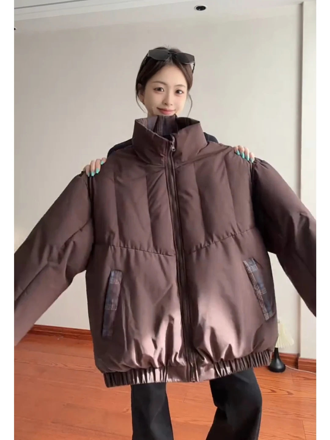 

Thiened American Sle Men's Winter Jaet Warm Cotton down Coat ort Bread Sle Plaid Splicing Stand Collar Coat