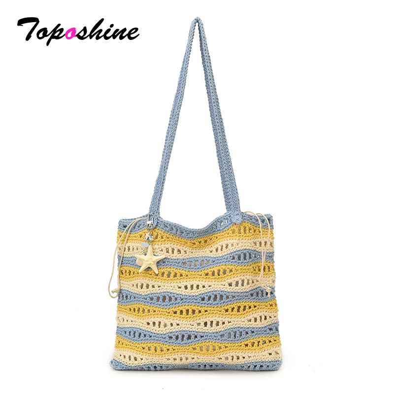 

Toposhine Colorful Striped Crochet Tote Bag Large Capacity Hollow Knit Beach Bag Star Charm Shoulder Bag for Women Summer Travel
