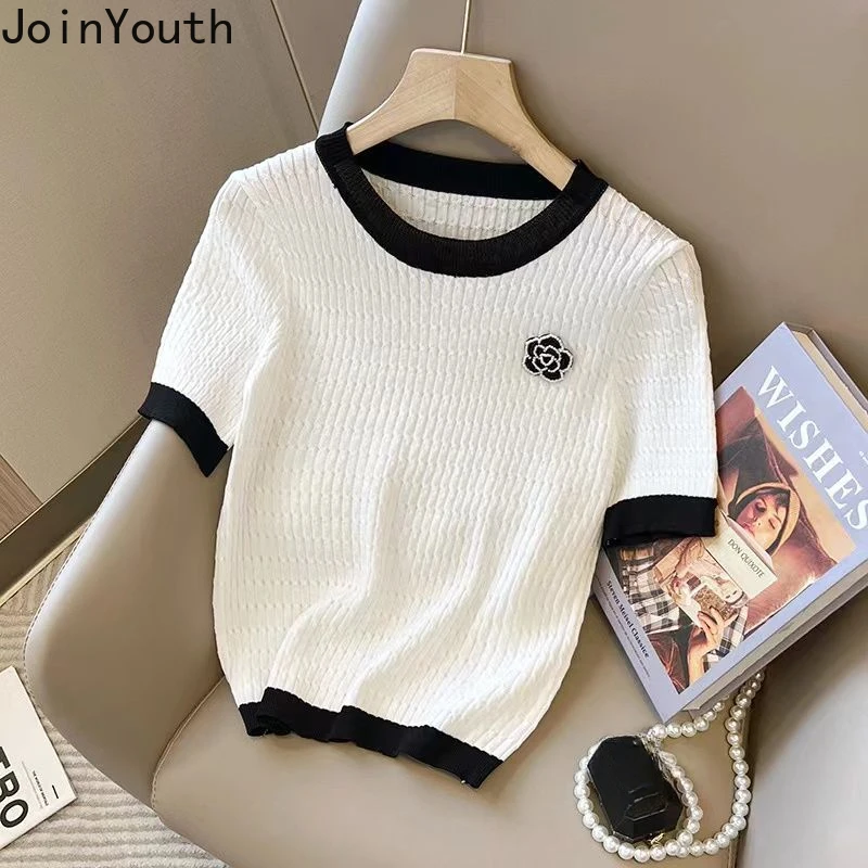 Knitted Woman Tshirts Ropa Mujer Short Sleeve O-neck Summer Tees Loose Fashion Korean T Shirt Crop Tops 2024 Shirts for Women