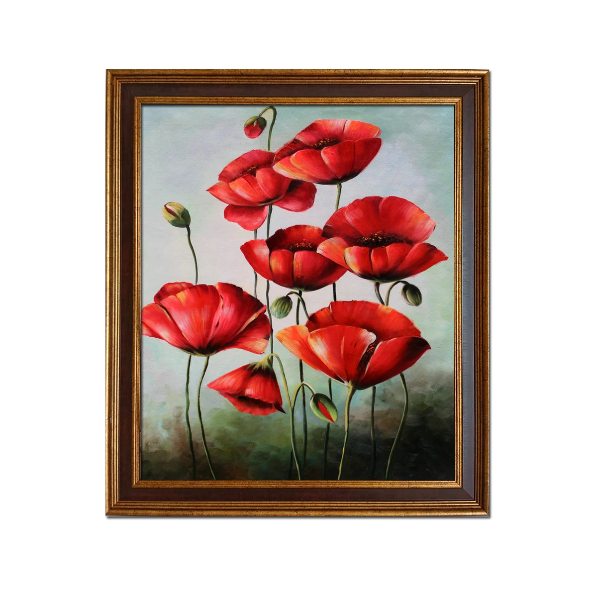 

Golden Framed-Modern Hand Painted Still life Poppy Flowers Oil Painting Repro on Canvas Wall Art Home Decor