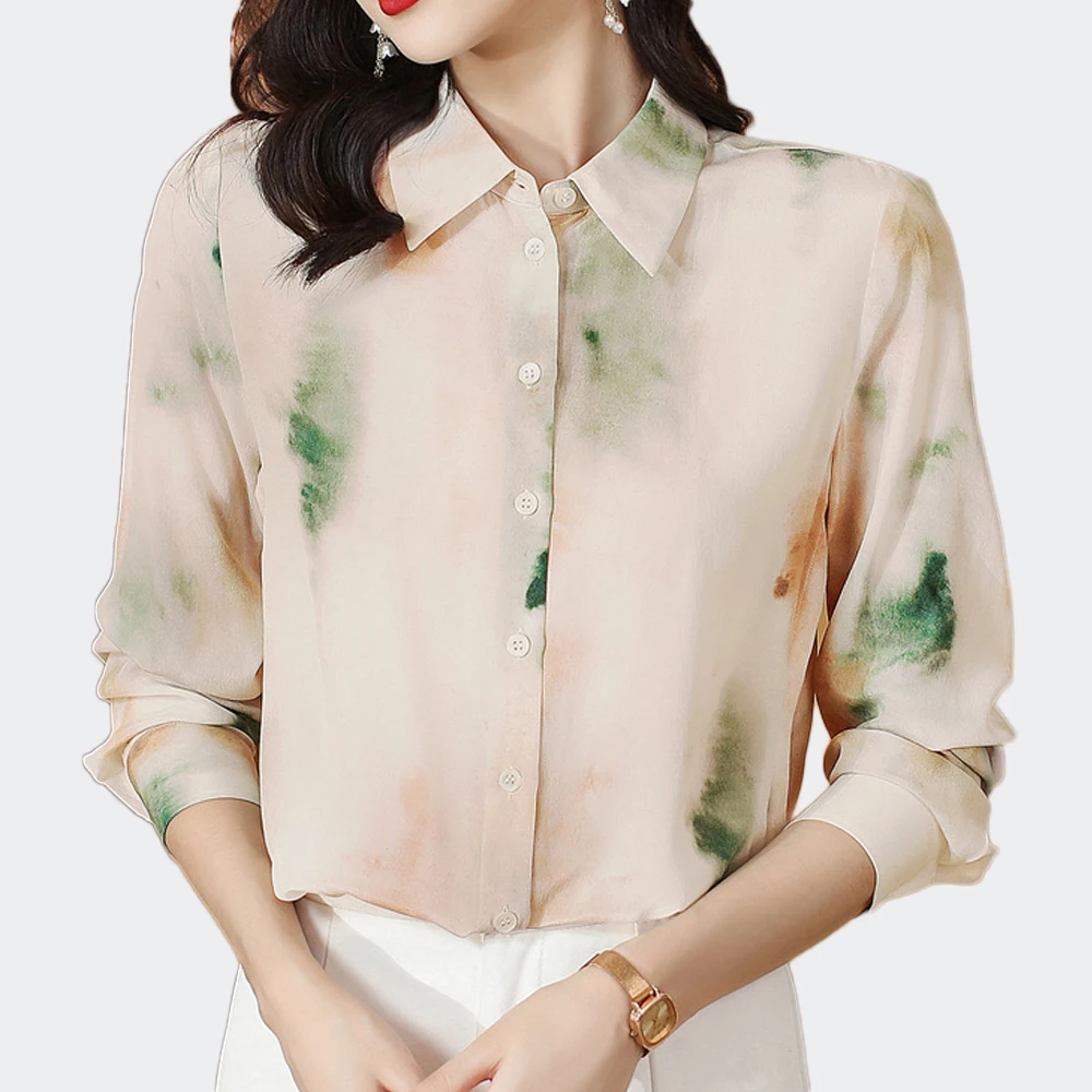 

Fashion Printed Elegant Turn-down Collar Satin Blouse Women Korean Style Loose Long Sleeve Button Shirt Women's Clothing 2024