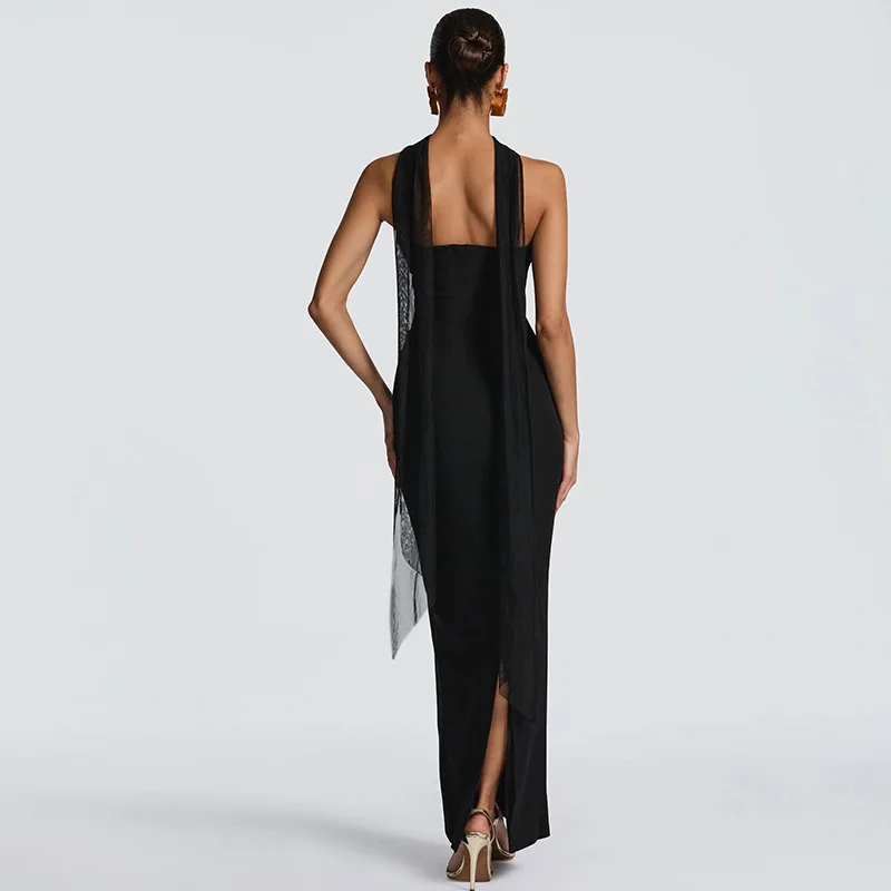 暗号化ネックスカーフリボン付きスリップマキシドレス、女性用プロムガウン、エレガントなクラブパーティースリーブレススリットドレス、ボディコン服