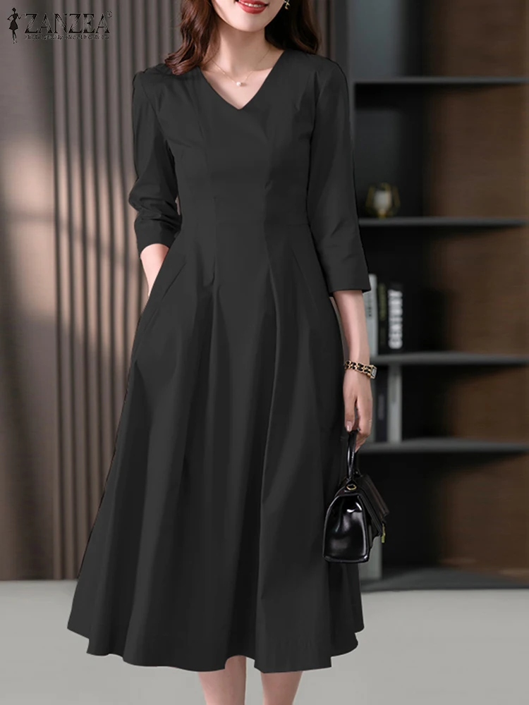 Zanzea Mode Frauen Sommer ol Arbeits kleid V-Ausschnitt Halbarm Party Sommerkleid lässig solide eine Linie Kleider Urlaub Vestidos Robe
