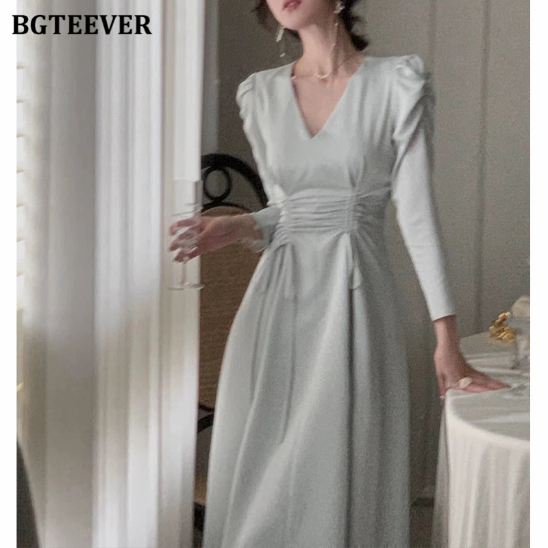 Bgteever primavera com decote em v fino rendas feminino a linha vestido elegante manga longa ruch cintura feminino vestido de comprimento médio