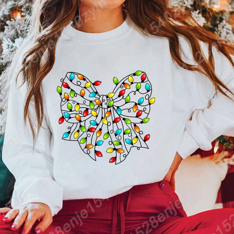 Christmas Light Bow Print Pullovers Funny Autumn And Winter Creative Personalized Tops Ladies Casual Sweatshirts O Neck Pullover