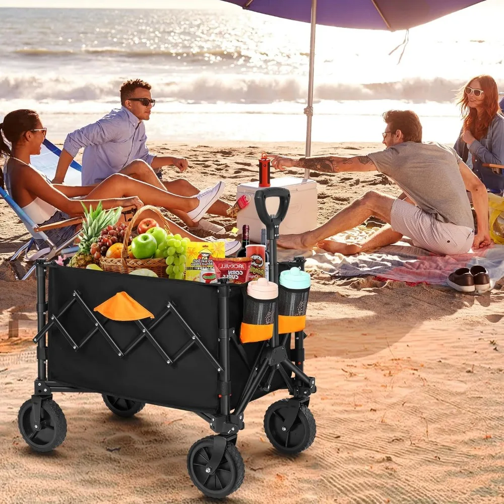 Collapsible Wagon, Grocery Wagons Carts Foldable Utility Wagon with All-Terrain Wheels, Cup Holders, Pockets Grocery Shopping