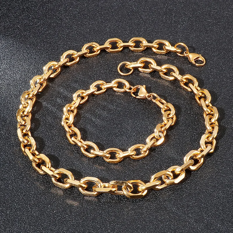 Hip Hop Stainless Steel Bracelet Necklace Set Men Women Cable Link Chain Vintage Aestethic Kpop Jewelry Accessories Width 5mm