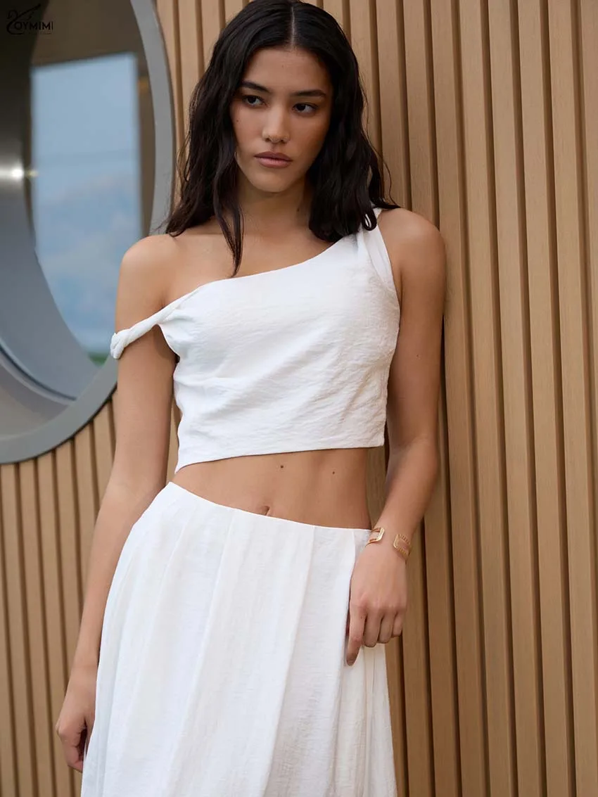 Oymimi, conjunto elegante blanco de 2 piezas para mujer, conjunto de Tops cortos con tirantes finos simples a la moda + faldas holgadas hasta el suelo de cintura media