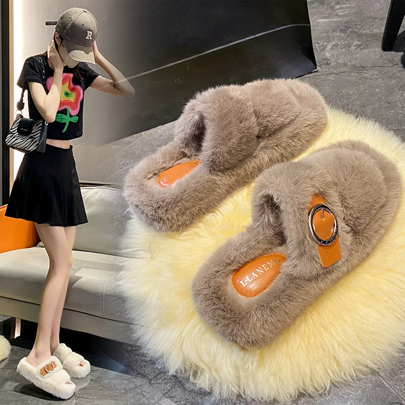2023 New Autumn and winter fashion cross fluffy slippers women's indoor and outdoor one word flat cotton slippers ASG201