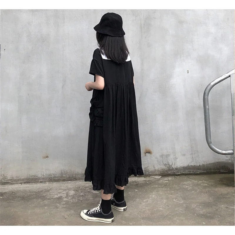 Gothic Black Dress Women Peter Pan Collar Pullover Lolita Kawaii Mori Girl Japanese Style Fairy Puff Sleeve Dress Fashion Party