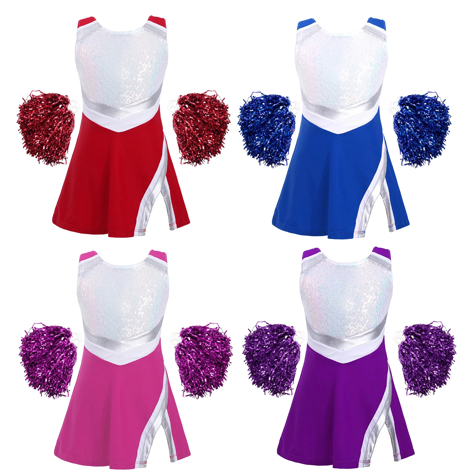 Kids Girls Cheerleading Outfit Sleeveless Cheerleader Costume With Flower Balls Set for Stage Performance Cospaly Dancewear