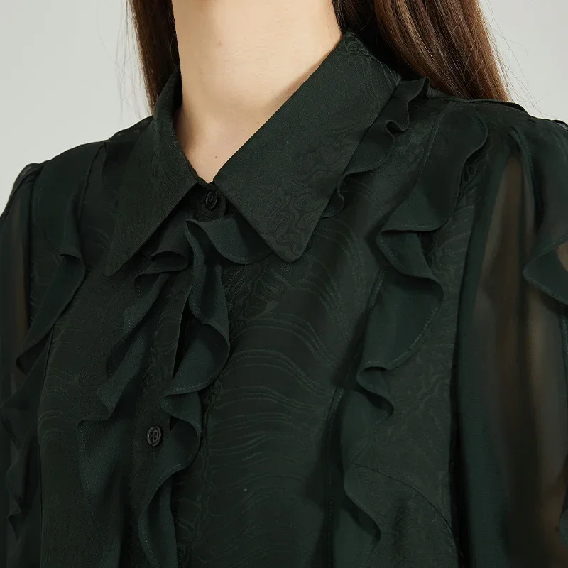 (خصم حصري للمعجبين) VOA 100% بلوزات نسائية بياقة بولو من قماش الجاكار الأخضر الحريري 100% بلوزات جورجيت بأكمام طويلة قميص فضفاض BE1388